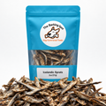The Barking Spot wild-caught Icelandic sprats dog treats in pouch with whole air-dried sprats displayed in front