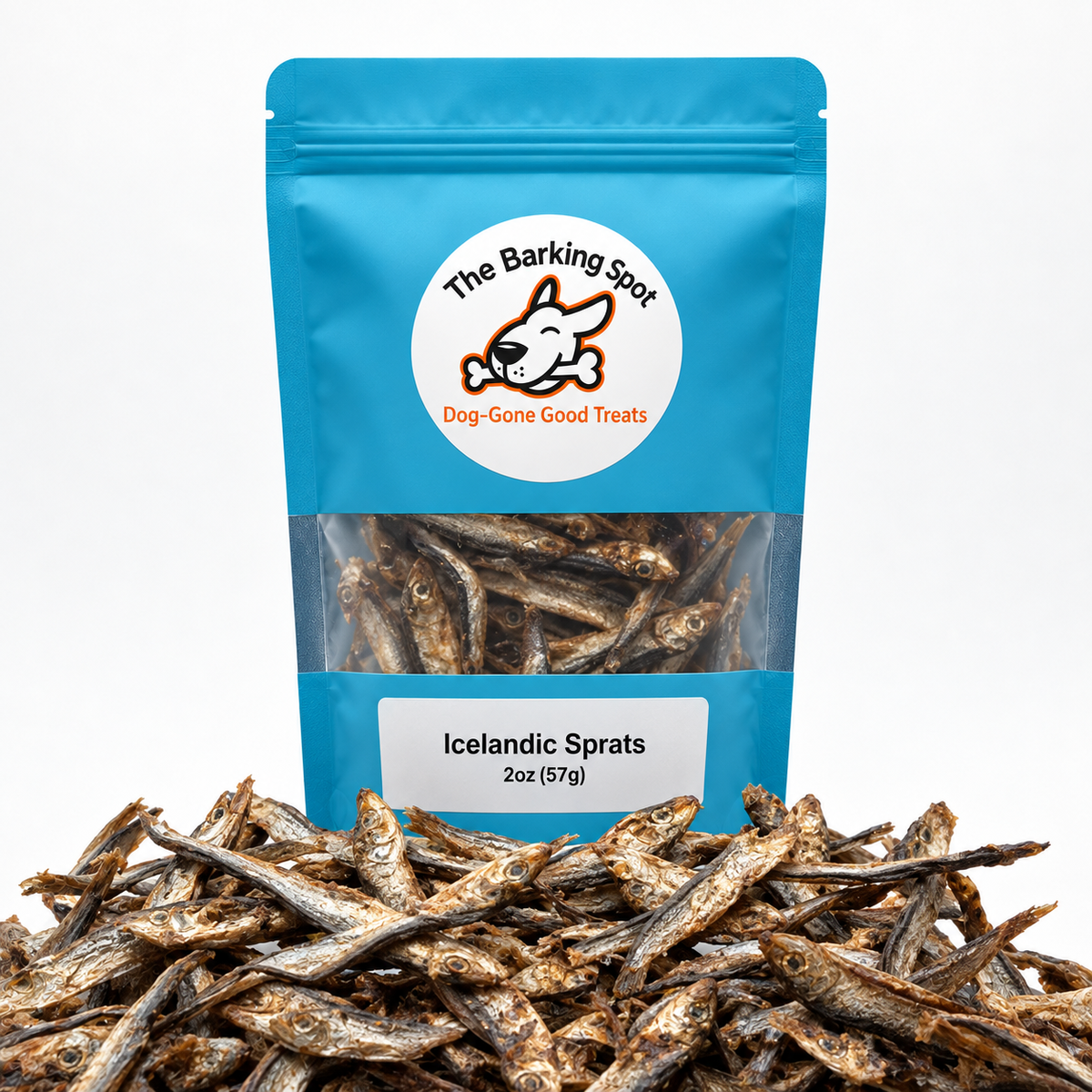 The Barking Spot wild-caught Icelandic sprats dog treats in pouch with whole air-dried sprats displayed in front