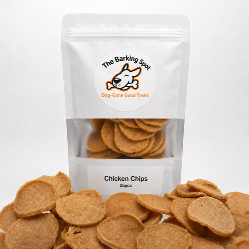 The Barking Spot Chicken Chips dog treats made from human-grade chicken breast with crispy chicken chips displayed in front of pouch